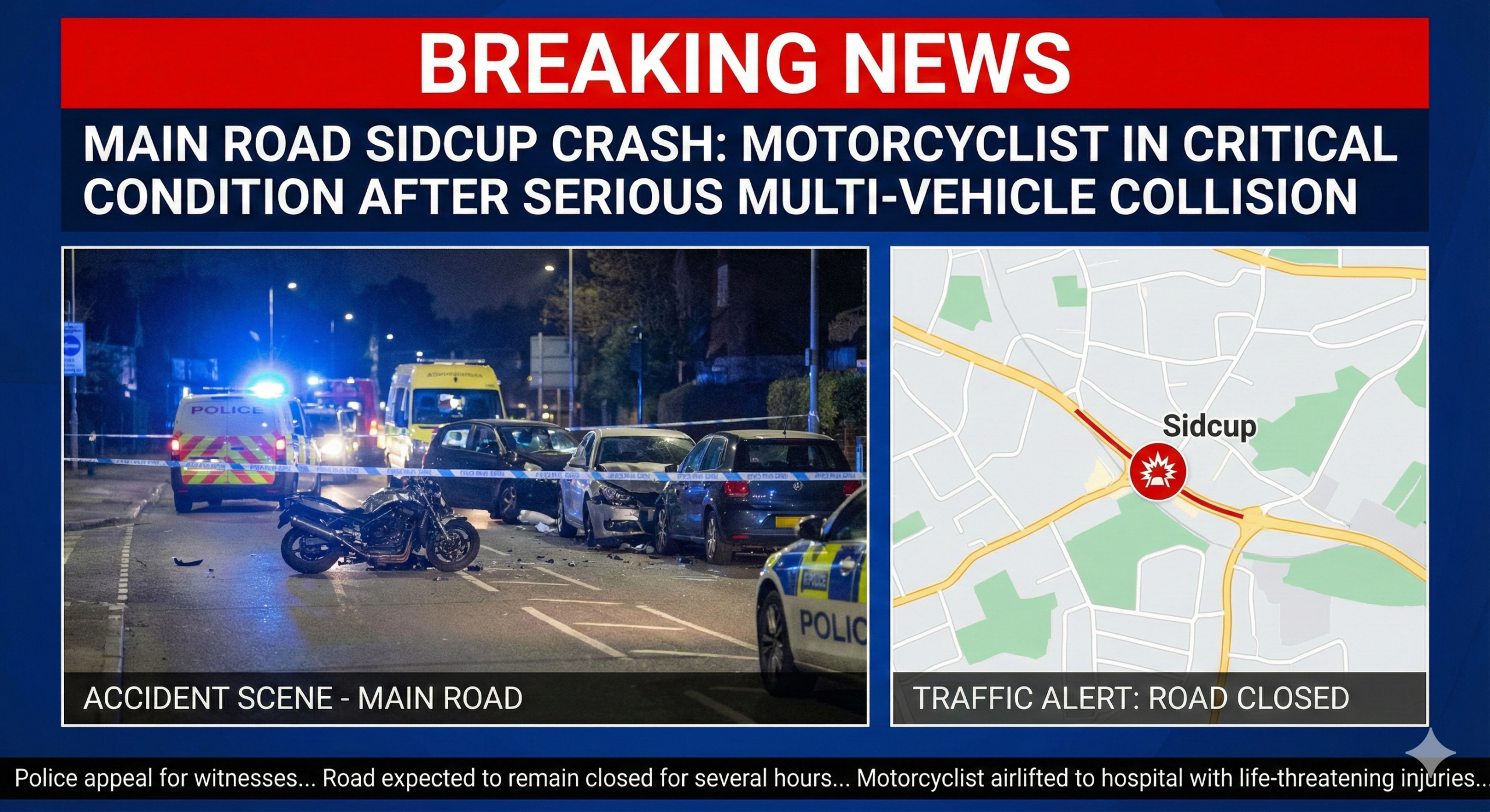 Main Road Sidcup Crash: Motorcyclist in Critical Condition After Serious Multi-Vehicle Collision