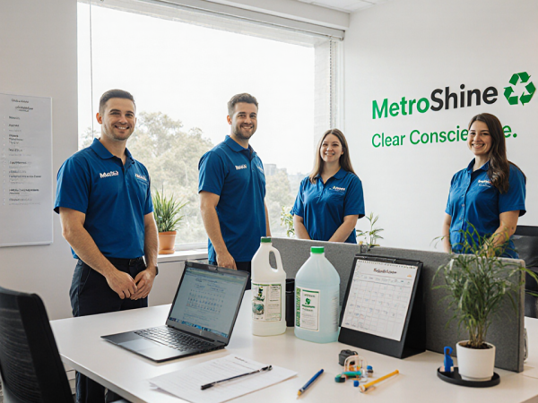 Cleaning crew in MetroShine uniforms spraying eco-friendly solution on office floor with natural light and a Clean Office Cle