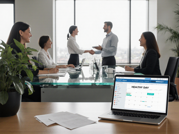 Employees exchanging smiles in an office with a laptop calendar showing Healthy Day and a green plant