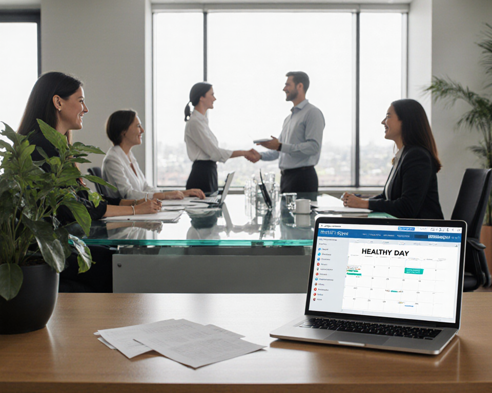 Employees exchanging smiles in an office with a laptop calendar showing Healthy Day and a green plant
