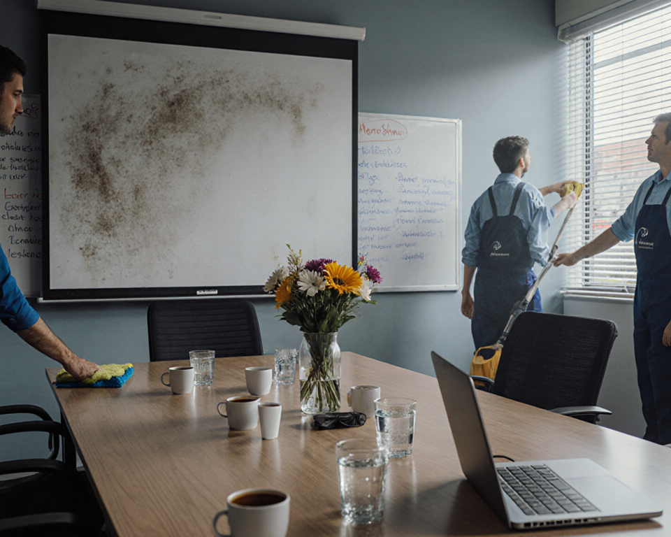 Cleaning crew dusting and wiping surfaces with crisp uniforms while a clean table with fresh flowers and laptop and water sit
