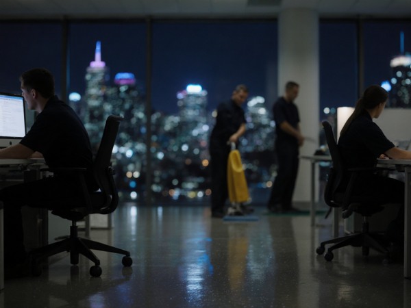Professional cleaners polishing a clean floor with glass surfaces under office lighting with blurred Sydney skyline.
