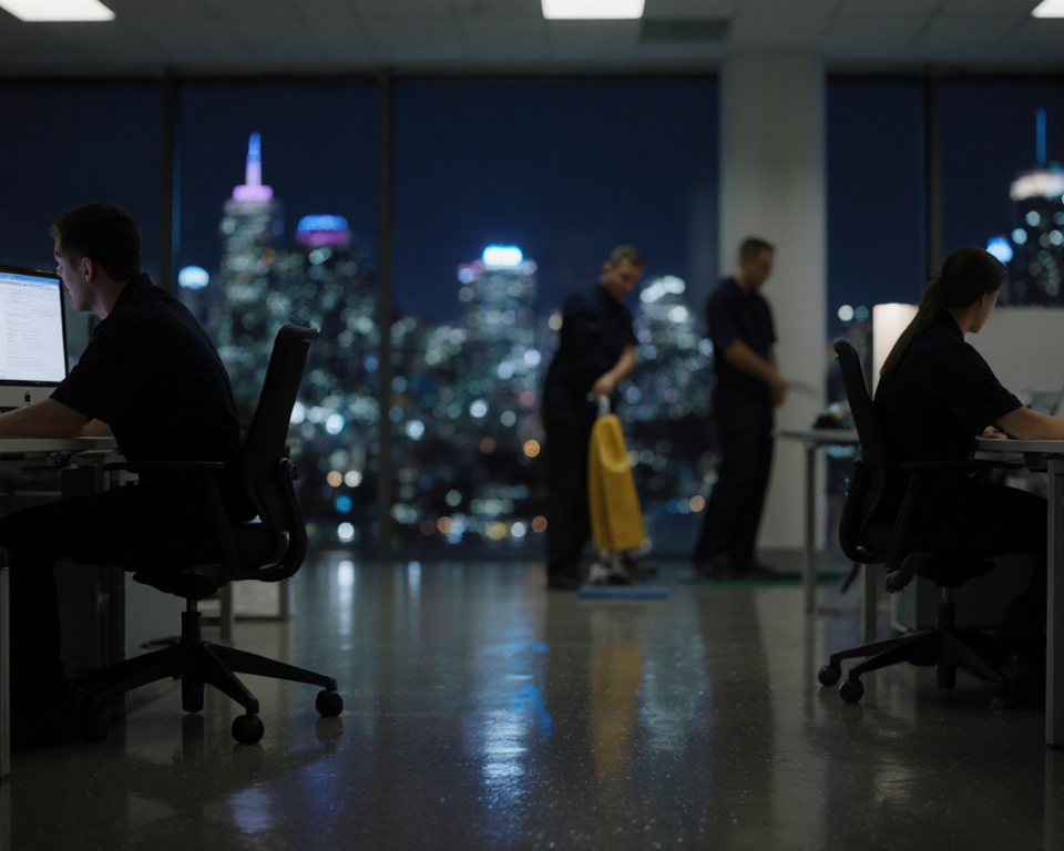 Professional cleaners polishing a clean floor with glass surfaces under office lighting with blurred Sydney skyline.