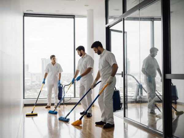 Commercial cleaning crew mopping floor with bright light and polished hardwood.