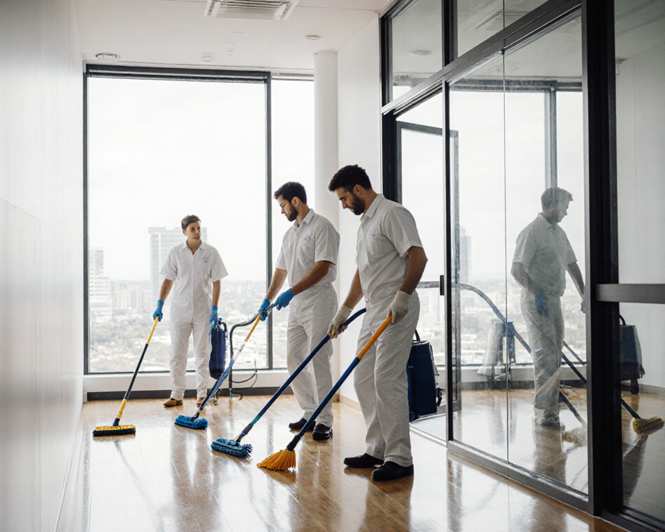 Commercial cleaning crew mopping floor with bright light and polished hardwood.