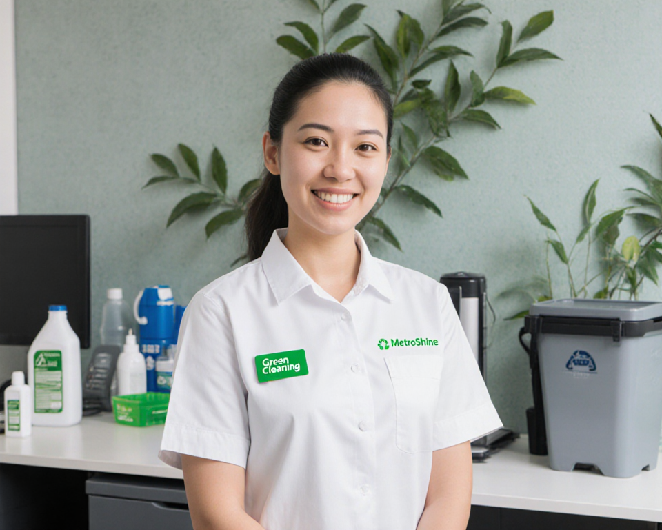 Cleaning staff member wiping desk with green cleaning solution and recycling bin in eco-friendly office with leaf background.