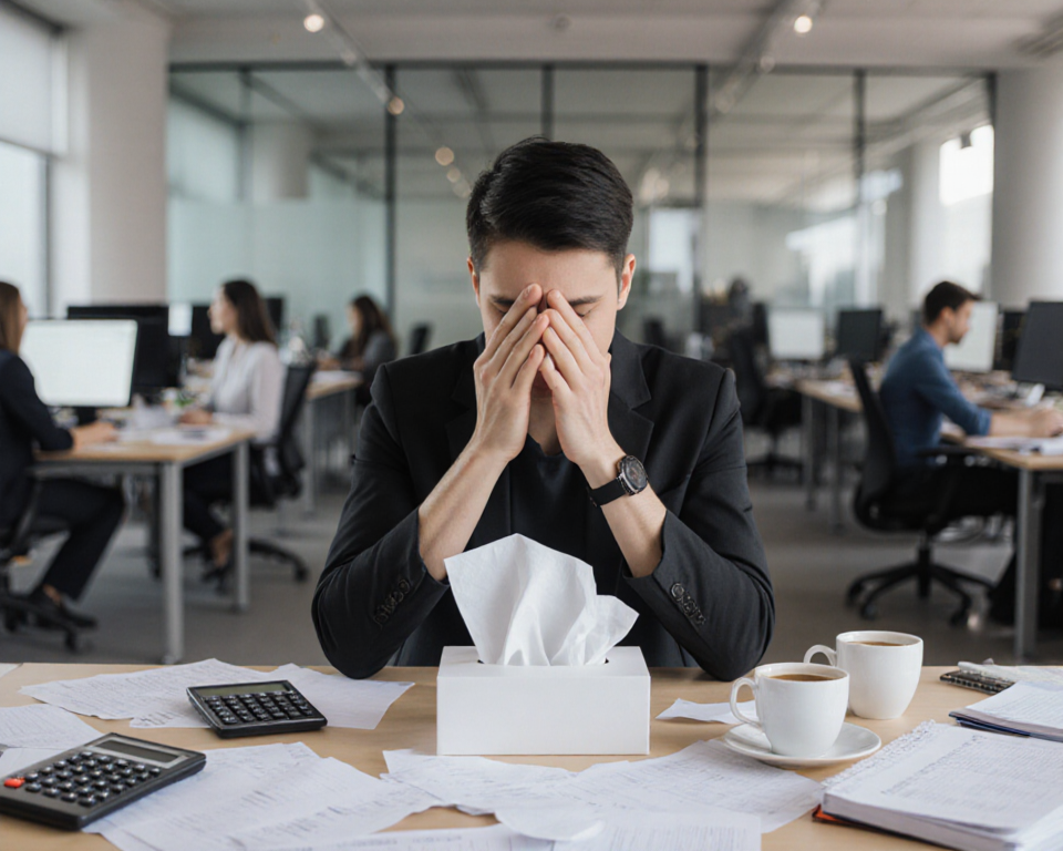 Person sitting at desk with tissues box and scattered papers and coffee cups near calculator financial cost of sick leave