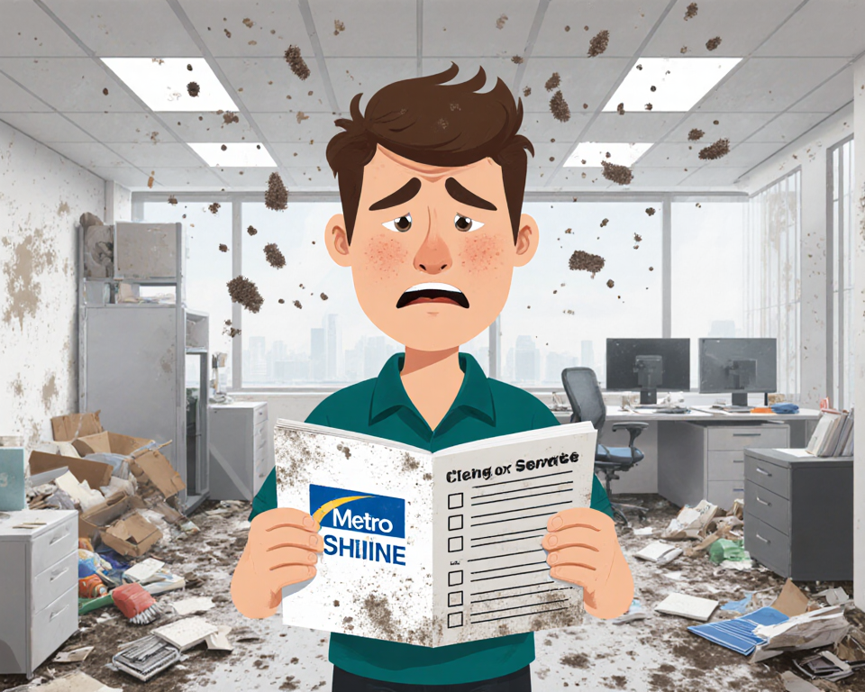 Disappointed person holding dusty brochure with cleaning company logo and dust particles floating over cluttered office