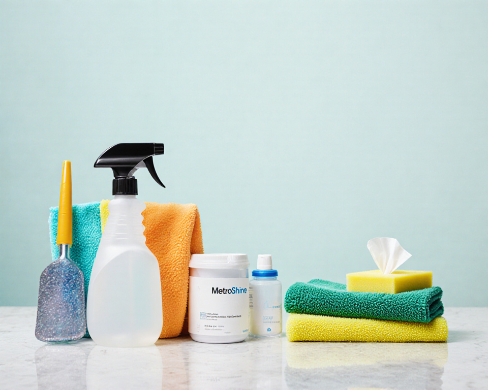 Microfiber cloths glimmer on countertop with disinfectant sprays highlighting professional cleaning tools
