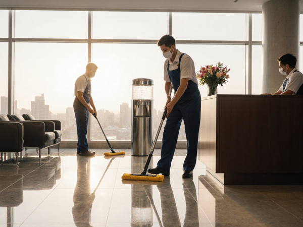 Cleaner polishing silver water cooler with bright dawn light in Sydney office lobby during cleaning