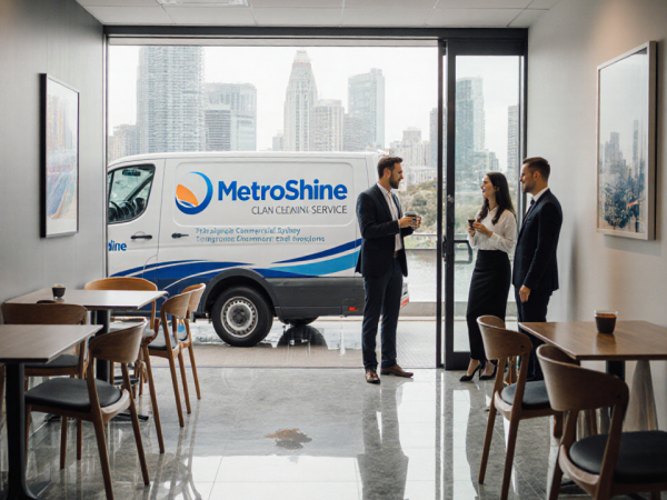 Employees inspecting an office lobby with MetroShine cleaning services and a gleaming glass floor and a van outside.