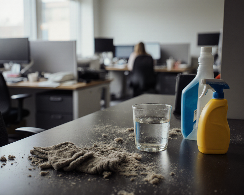 Dust accumulates on office desks with dirty water glasses and cleaning supplies near moldy edges.