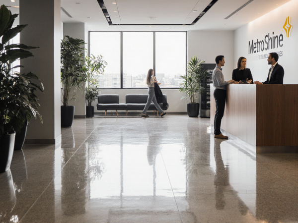 Employees welcoming visitors in a bright Sydney lobby with gleaming floors and lush greenery and MetroShine logo visible.