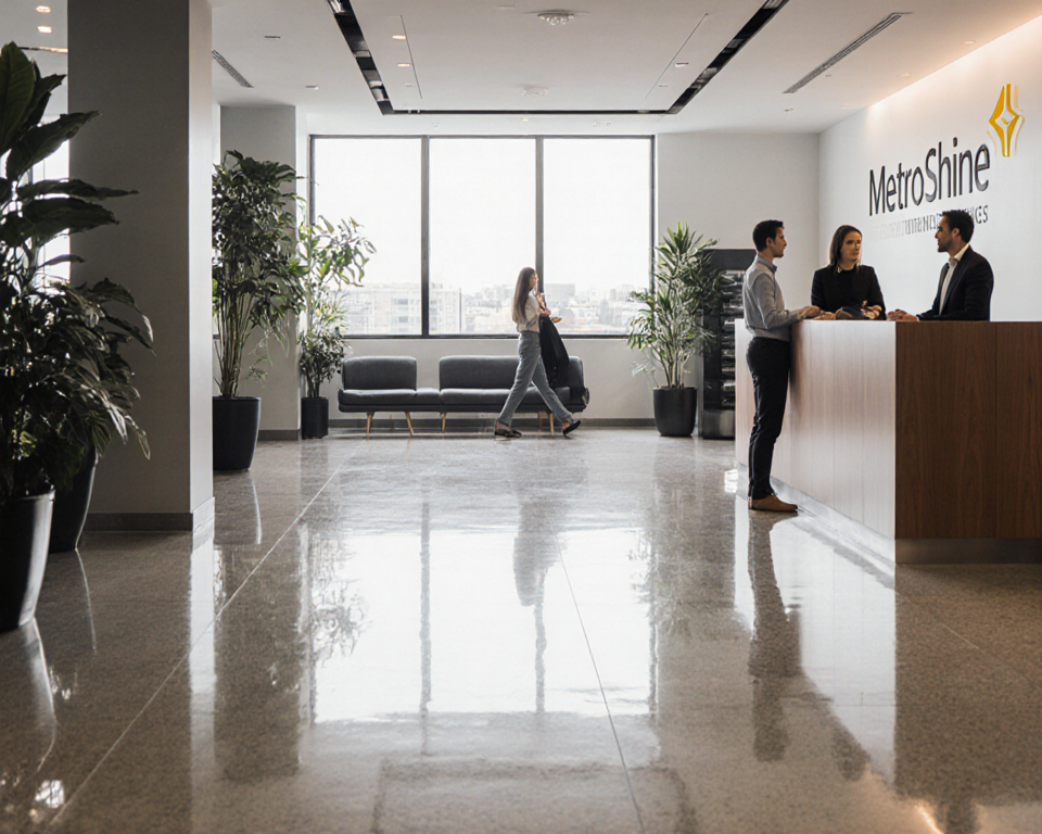 Employees welcoming visitors in a bright Sydney lobby with gleaming floors and lush greenery and MetroShine logo visible.