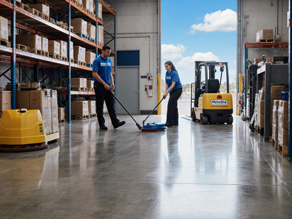 Two MetroShine cleaners inspecting a polished concrete warehouse floor with bright blue sky visible through a large window