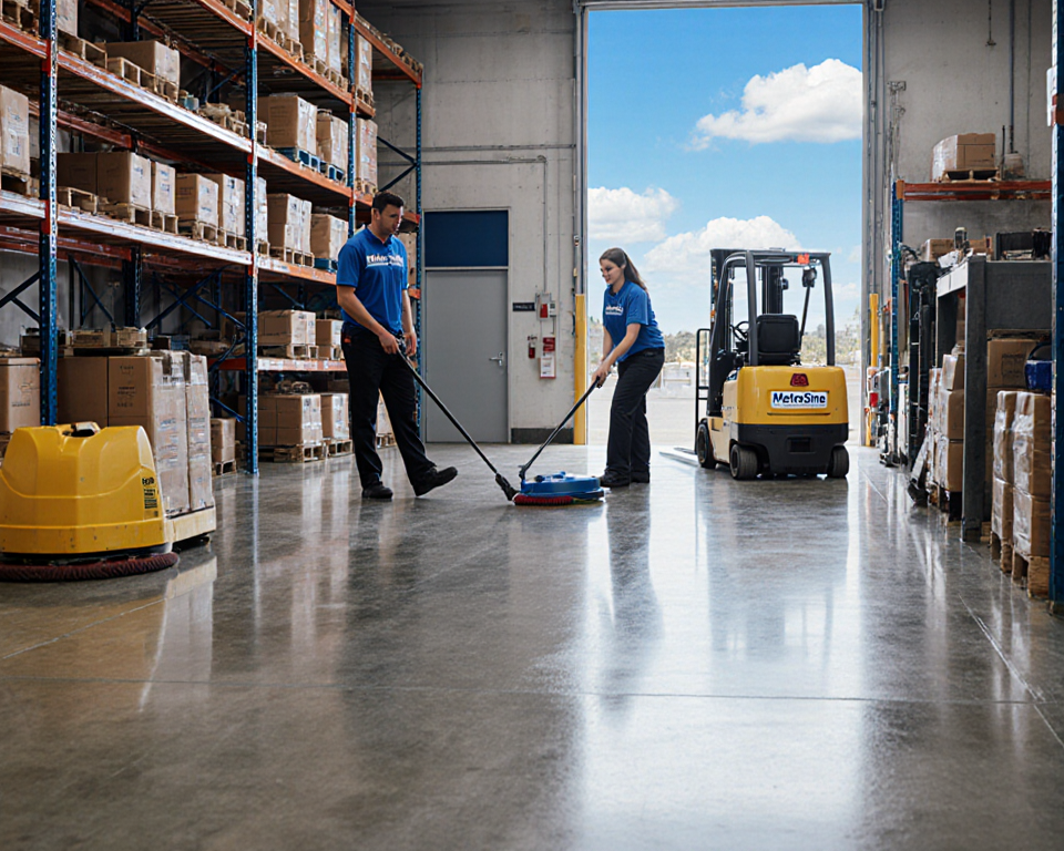 Two MetroShine cleaners inspecting a polished concrete warehouse floor with bright blue sky visible through a large window