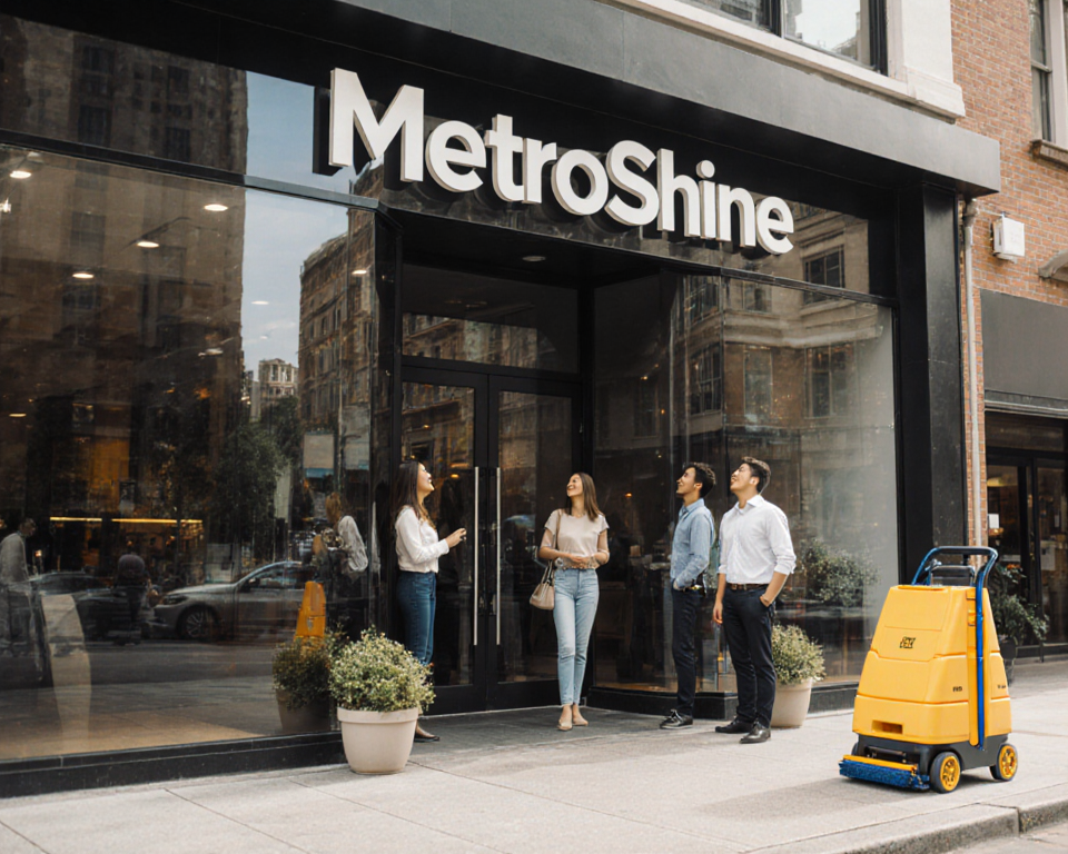Customers looking up at a polished Sydney storefront with a gleaming glass façade and a cleaning cart in foreground