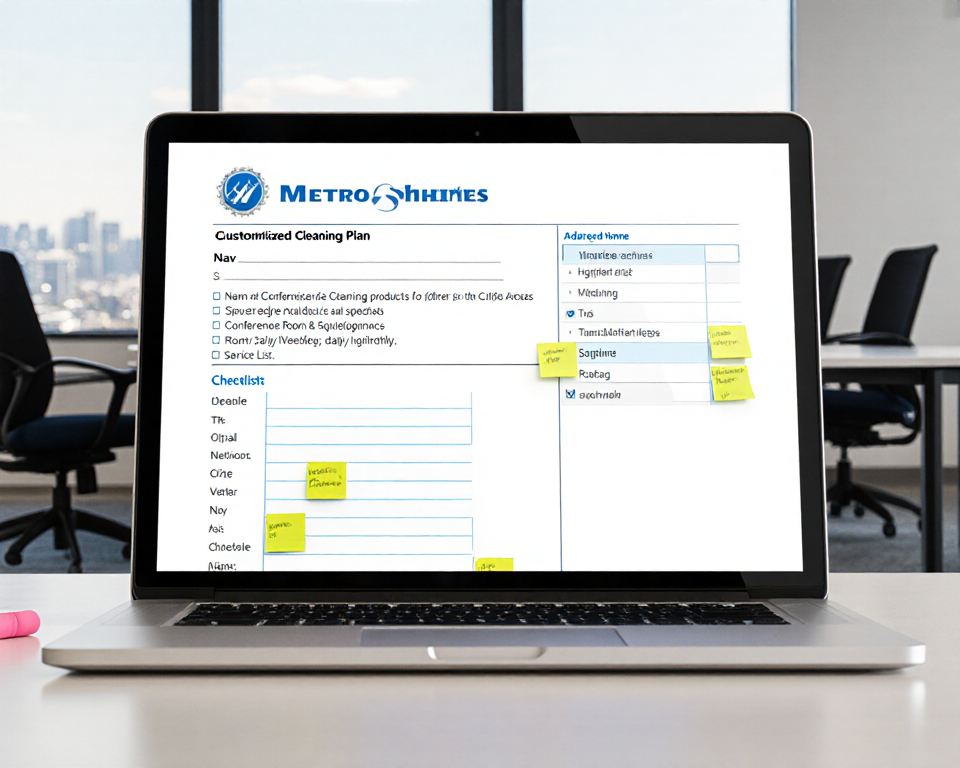 Custom cleaning plan displayed on tablet with schedules and sticky notes in office setting