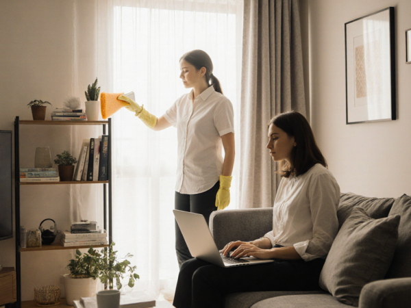 Cleaner dusting shelf with professional on couch laptop open showing tired but relaxed vibe in warm modern living room.