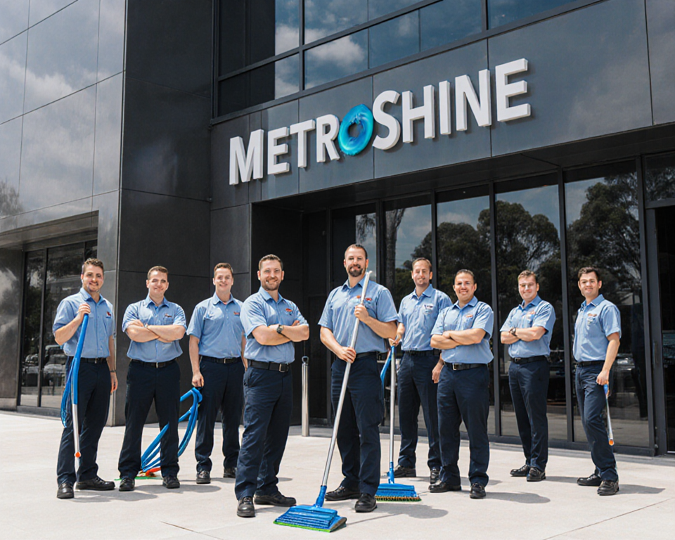 Team of cleaning professionals stand holding equipment with a spotless modern building behind