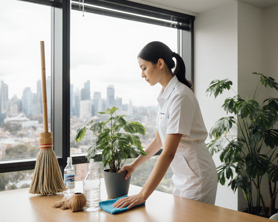 Cleaner dusting a potted plant with bamboo mop and natural light and Sydney skyline in the background