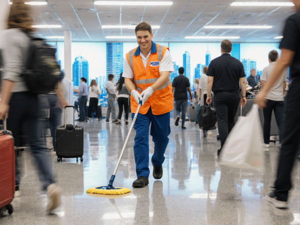 Janitor mopping floor with bright MetroShine uniform and smiling with sparkling floor under bright lights and Sydney skyline