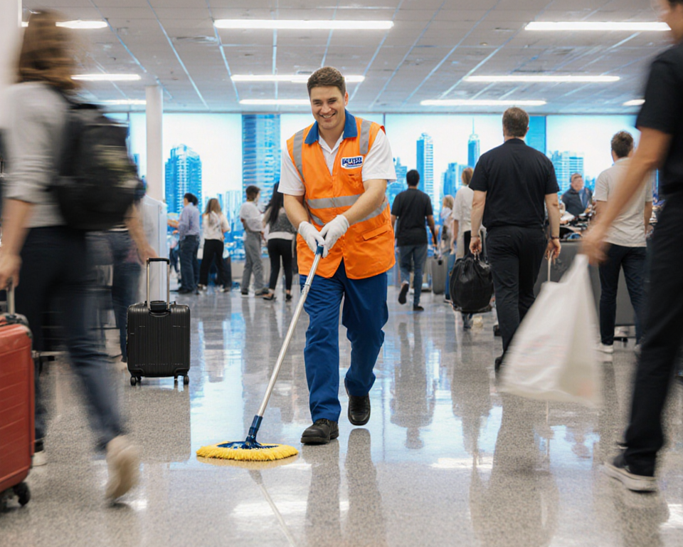 Janitor mopping floor with bright MetroShine uniform and smiling with sparkling floor under bright lights and Sydney skyline