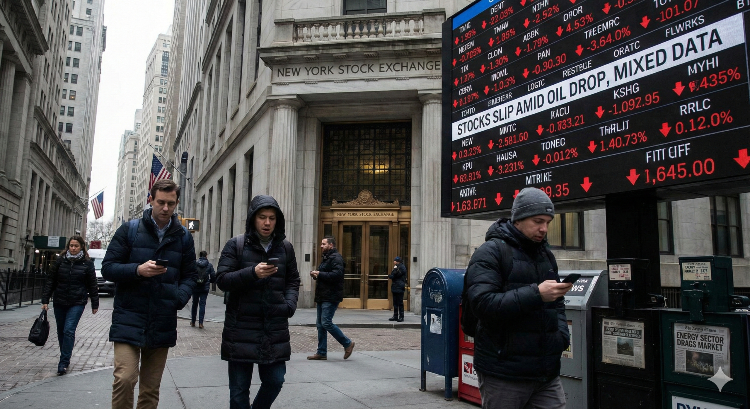 Wall Street Edges Lower as Falling Oil Prices and Mixed Economic Data Weigh on Markets